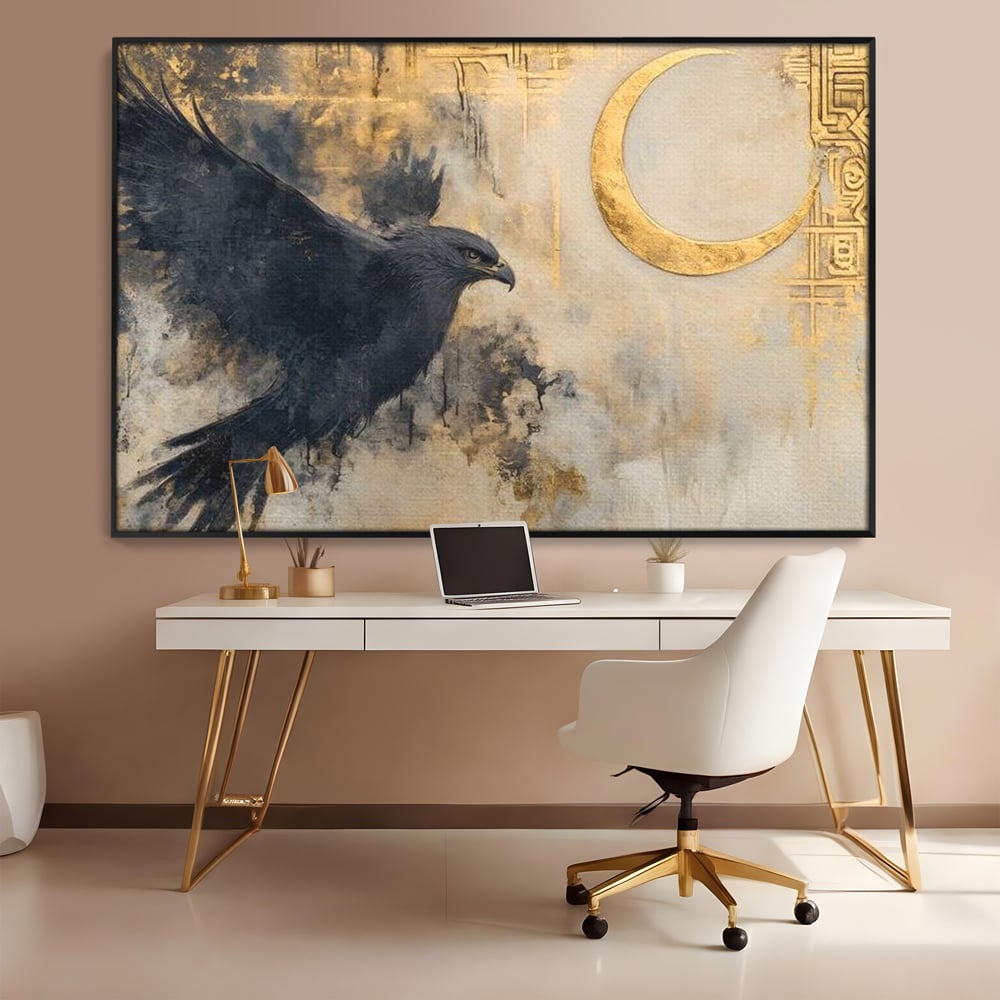 Tablou canvas cu tablou canvas cu vultur si semiluna aurie, in rama de aluminiu negru, pe perete intr-un birou